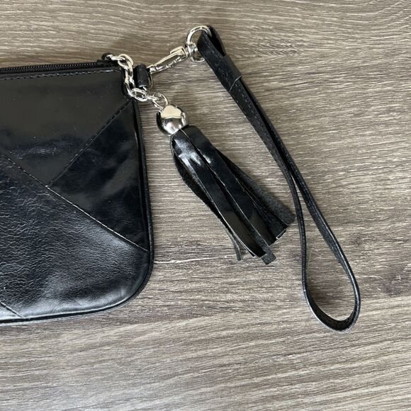 Black Leather Patchwork  Wristlet Wallet Purse Card ID Holder  Tassel - Picture 3 of 9